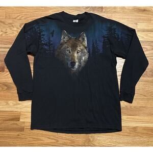 Vintage Graphic Wolf Northern Lights Moon Long-sleeve Sz Large 90s 80s Black